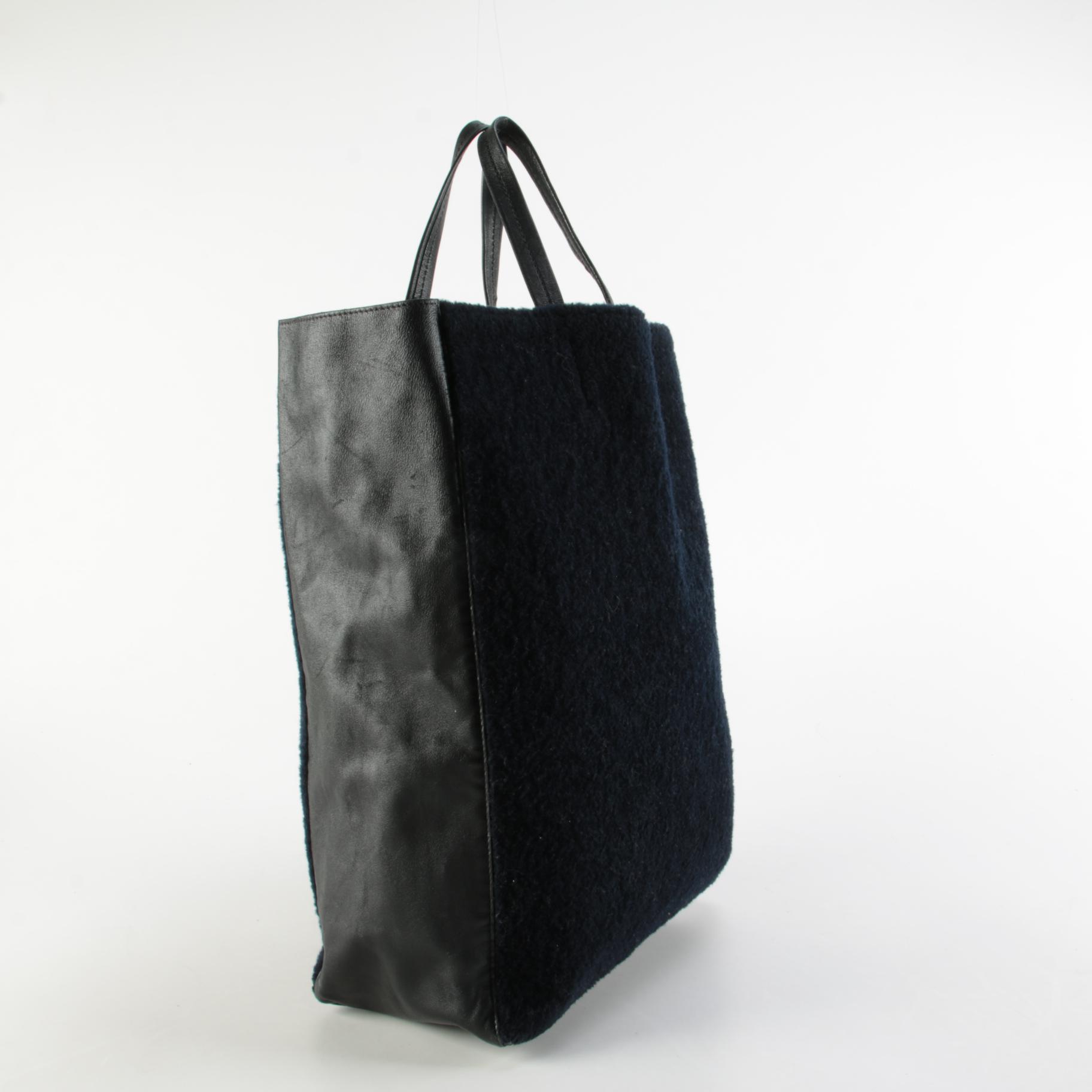 Céline Vertical Cabas Tote Bag in Black Leather and Dyed Shearling Fur