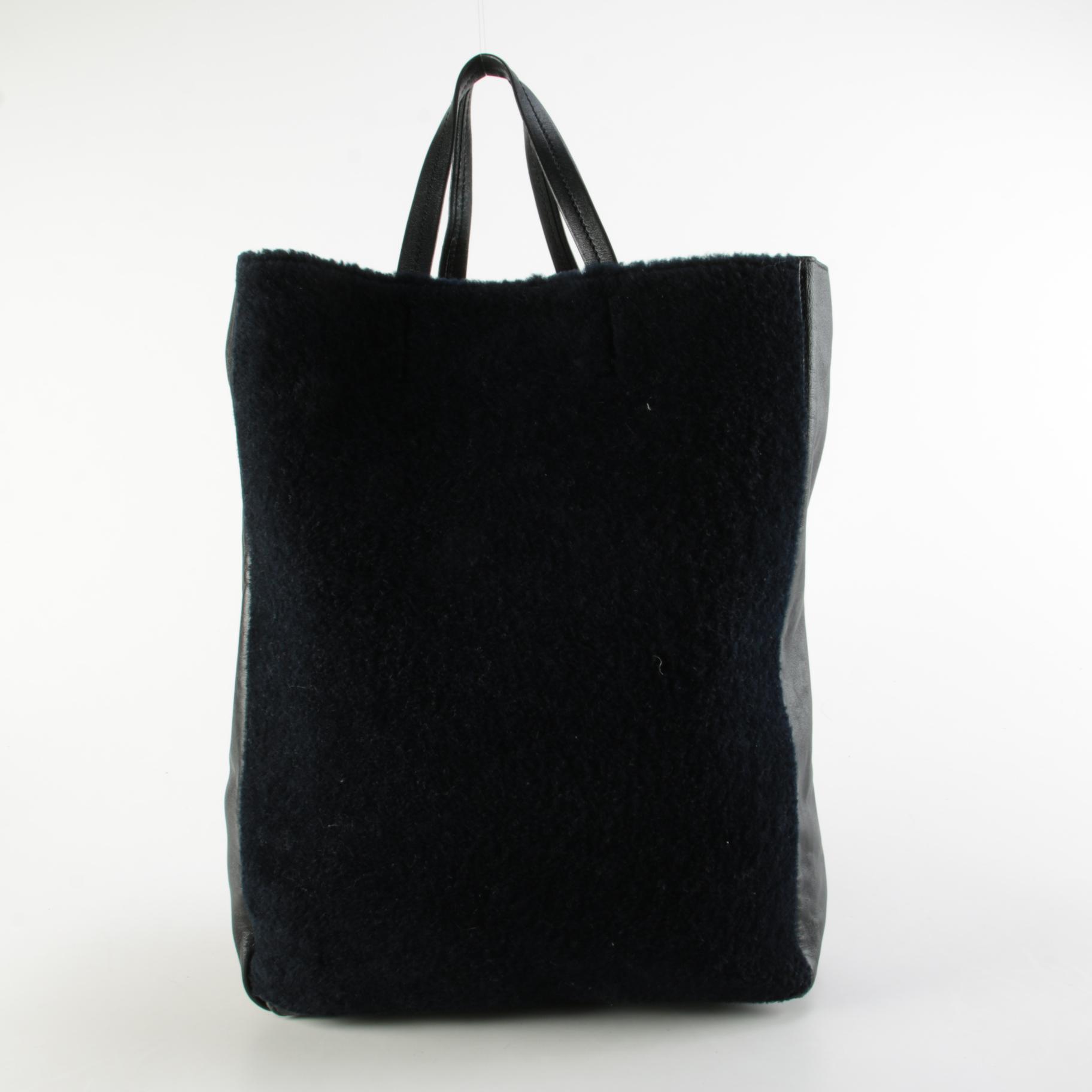 Céline Vertical Cabas Tote Bag in Black Leather and Dyed Shearling Fur