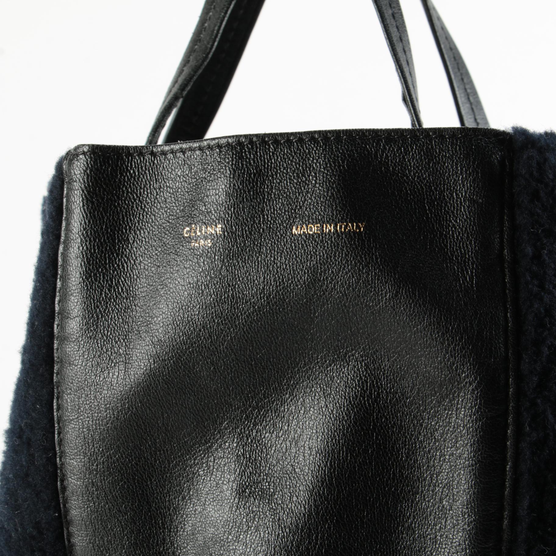 Céline Vertical Cabas Tote Bag in Black Leather and Dyed Shearling Fur