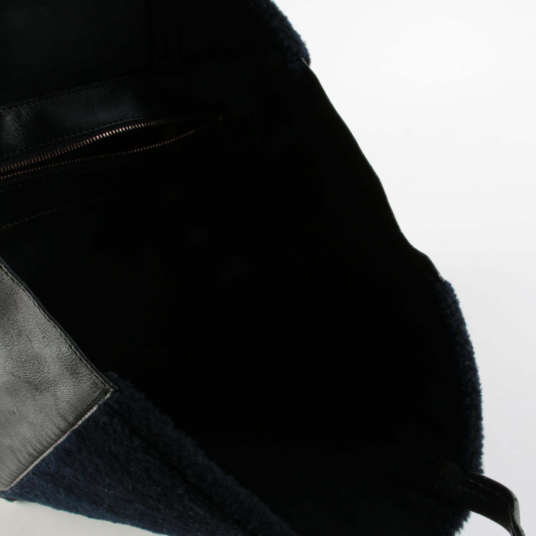 Céline Vertical Cabas Tote Bag in Black Leather and Dyed Shearling Fur