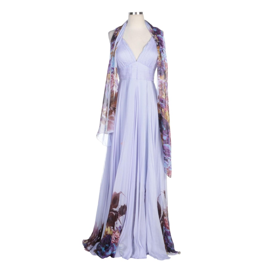 Alberto Makali Lilac Silk Pleated Bodice Gown with Floral Print at Hem and Wrap