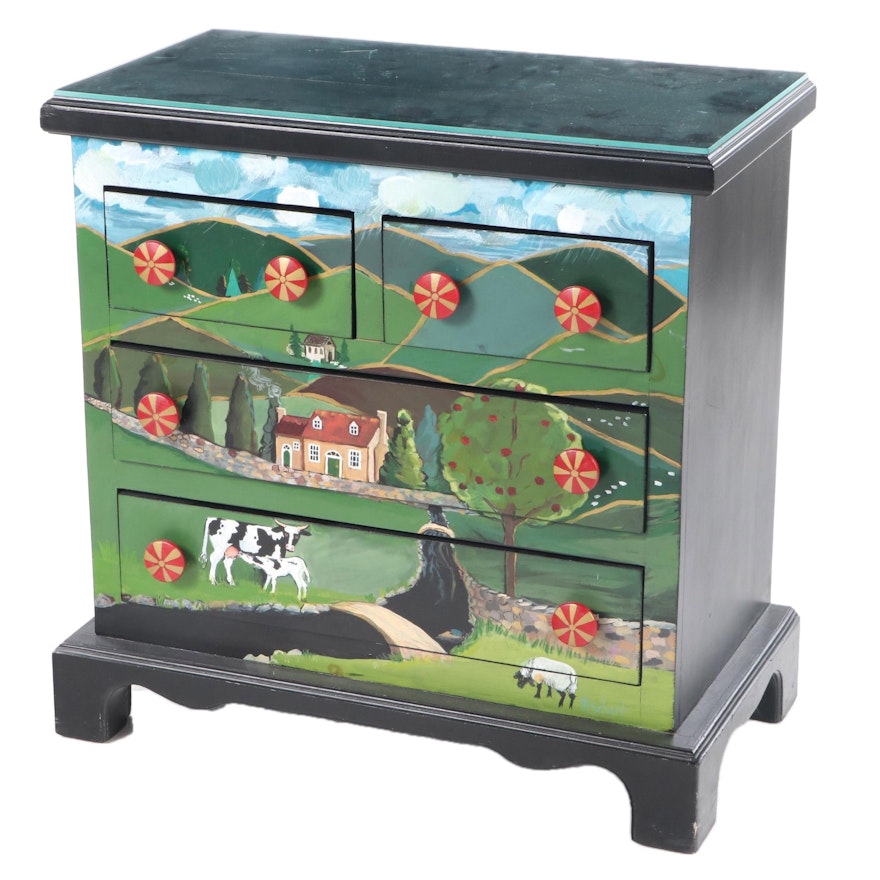 Ebonized and Paint-Decorated Four-Drawer Chest with Pastoral Landscape