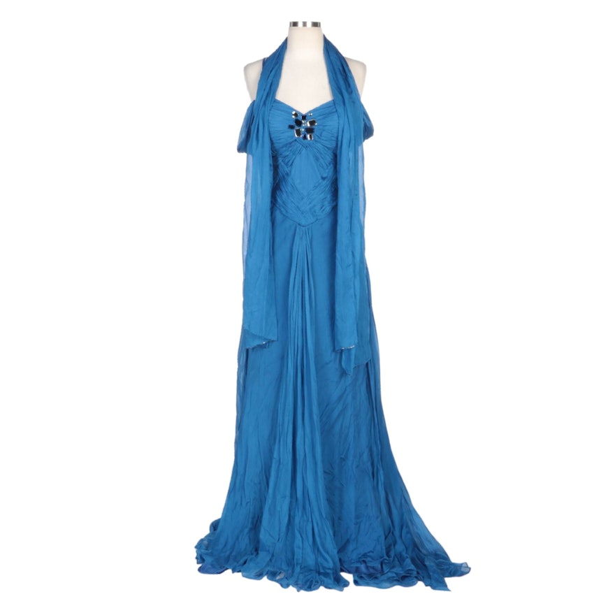 Alberto Makali Embellished Blue Silk Gown with Pleated Detailing and Wrap