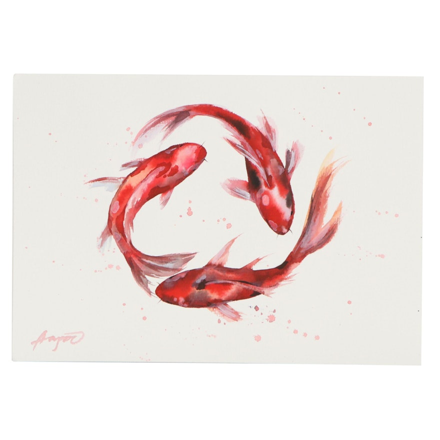 Anne “Angor” Gorywine Watercolor Painting of Goldfish, 2020