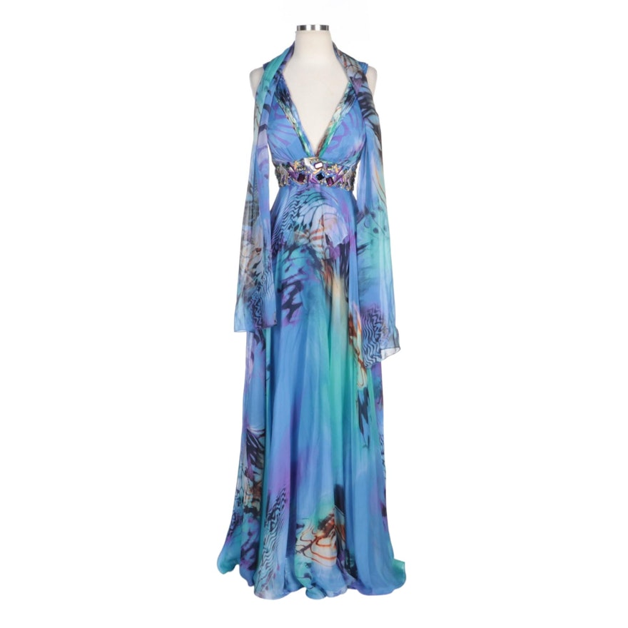 Alberto Makali Blue Silk Abstract Print and Beaded V-Neck Gown with Wrap