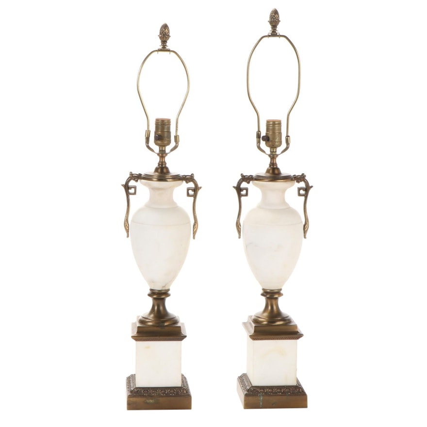 Pair of Westwood Alabaster and Metal Empire Style Table Lamps, Mid-20th C