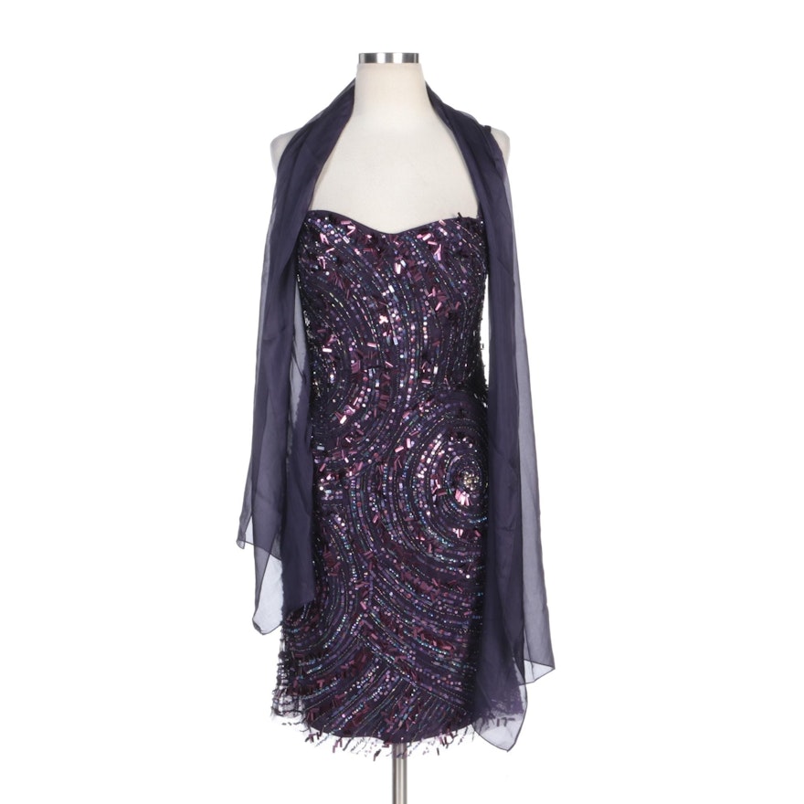 Alberto Makali Beaded and Sequined Occasion Dress in Aubergine with Wrap