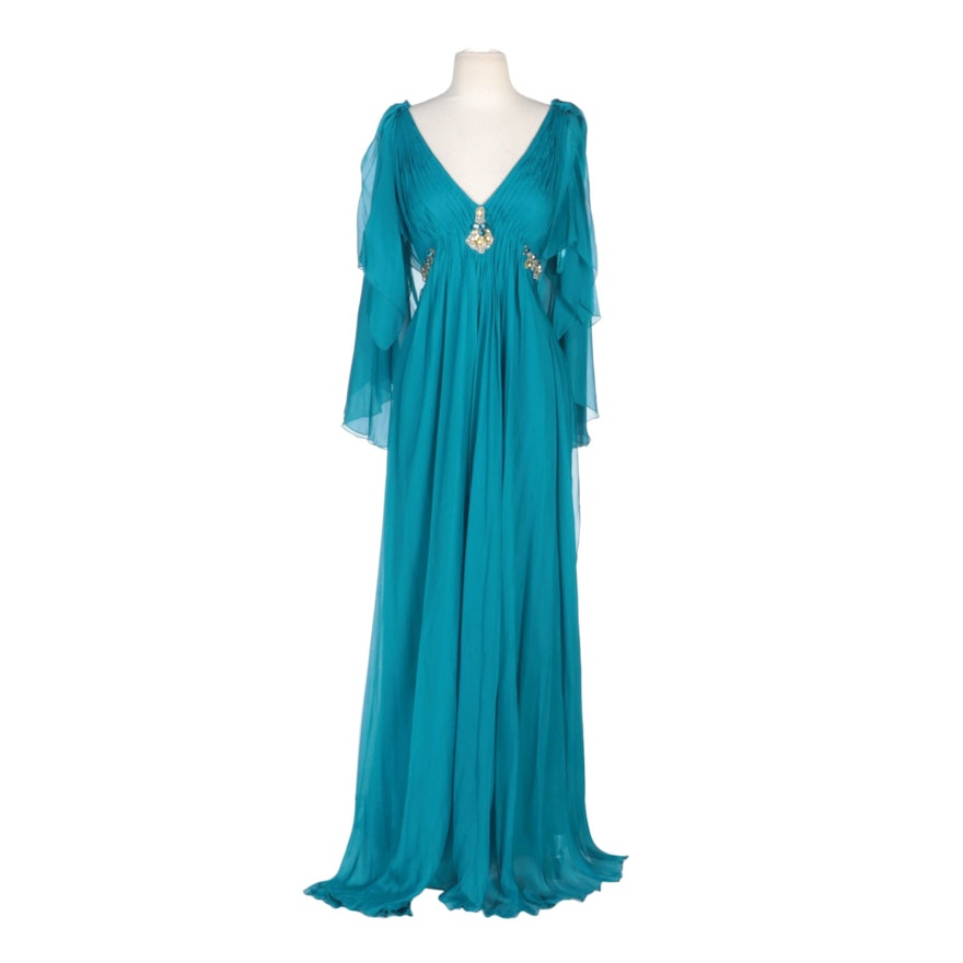 Alberto Makali Blue Silk Butterfly Sleeve Gown with Bead and Jewel Accents