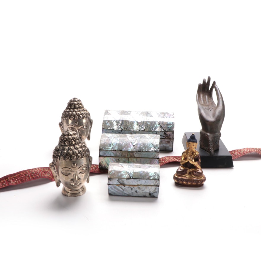 Bali Brass and Metal Finish Buddhas, Mudra Hand, Silk Belt and Abalone Boxes
