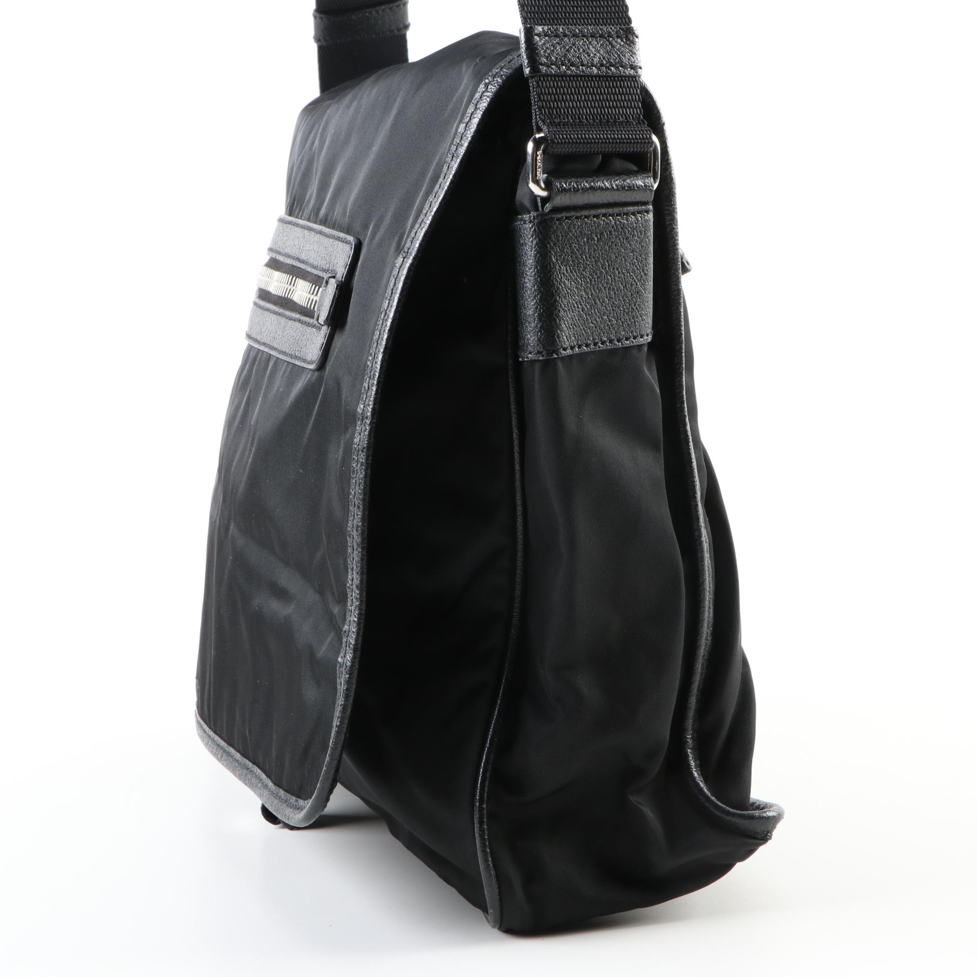 Prada Tessuto Messenger Bag in Black Nylon with Grained Leather Trim