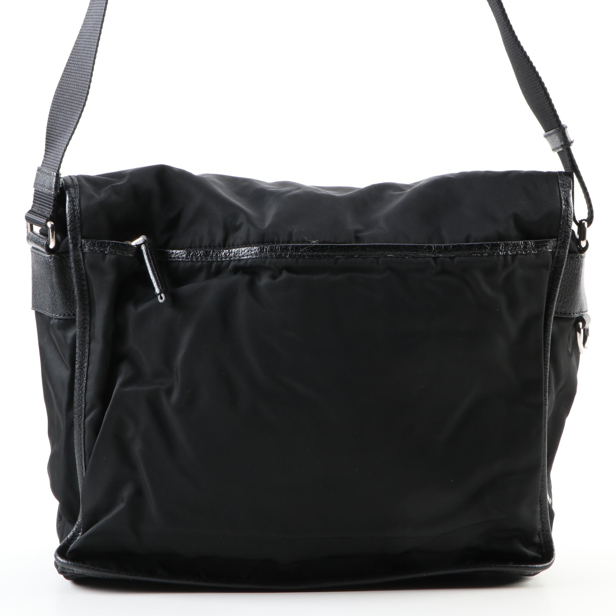 Prada Tessuto Messenger Bag in Black Nylon with Grained Leather Trim