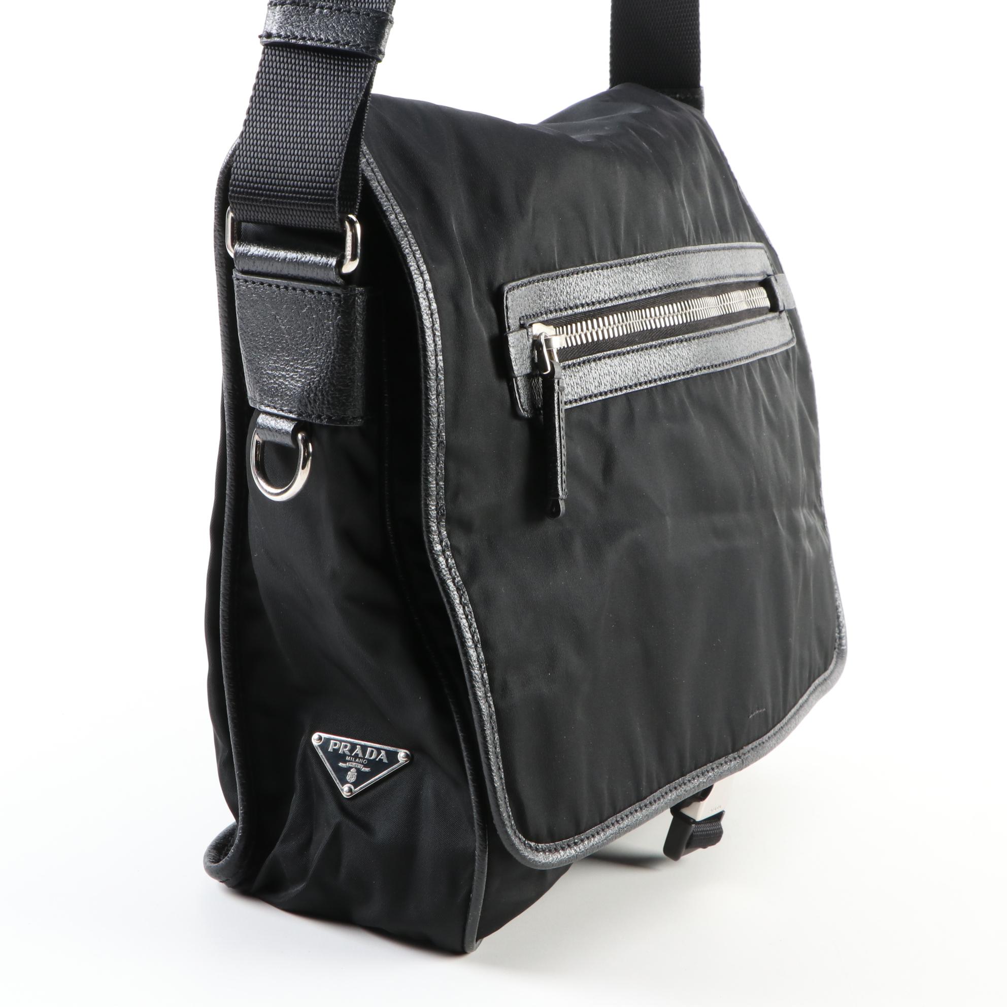 Prada Tessuto Messenger Bag in Black Nylon with Grained Leather Trim
