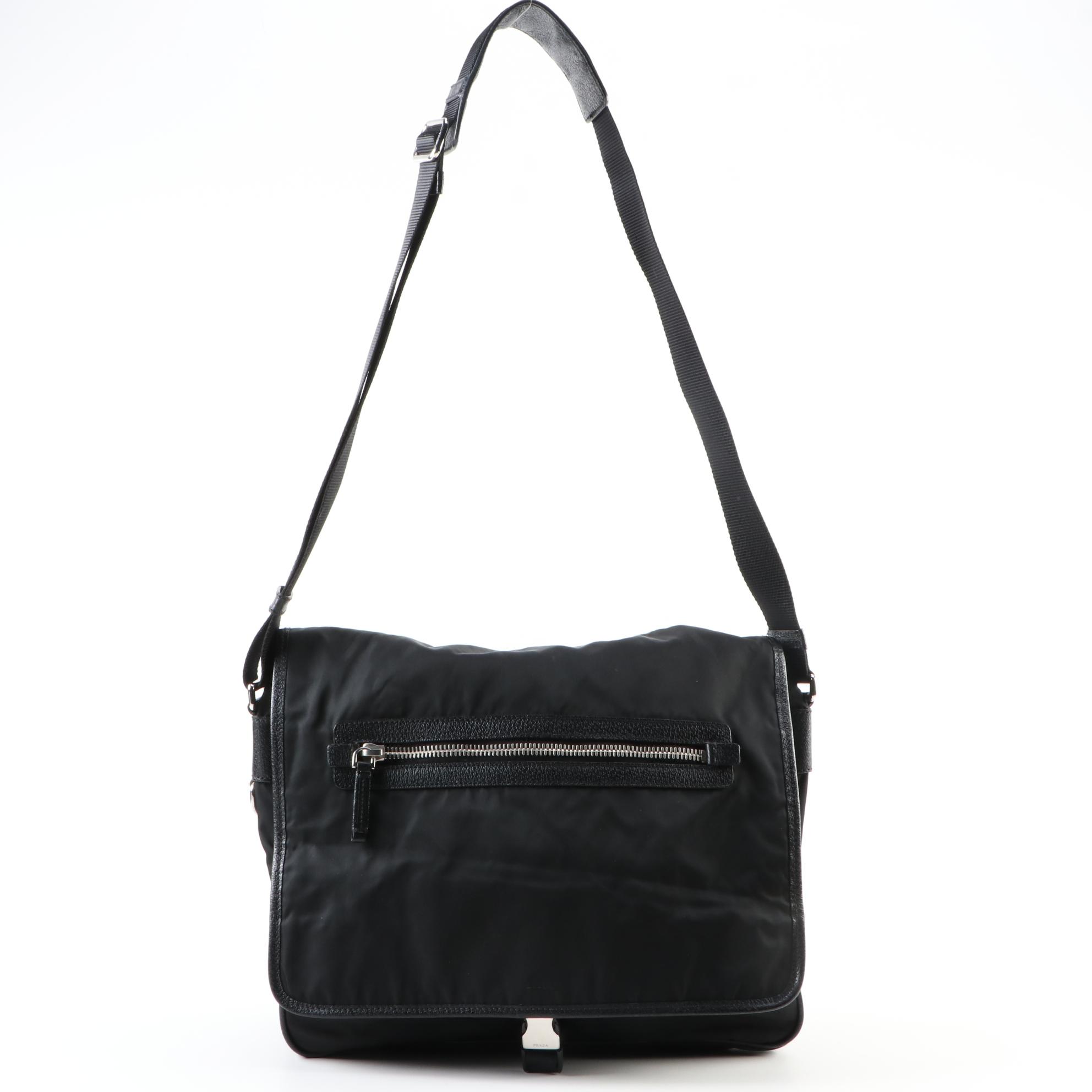 Prada Tessuto Messenger Bag in Black Nylon with Grained Leather Trim