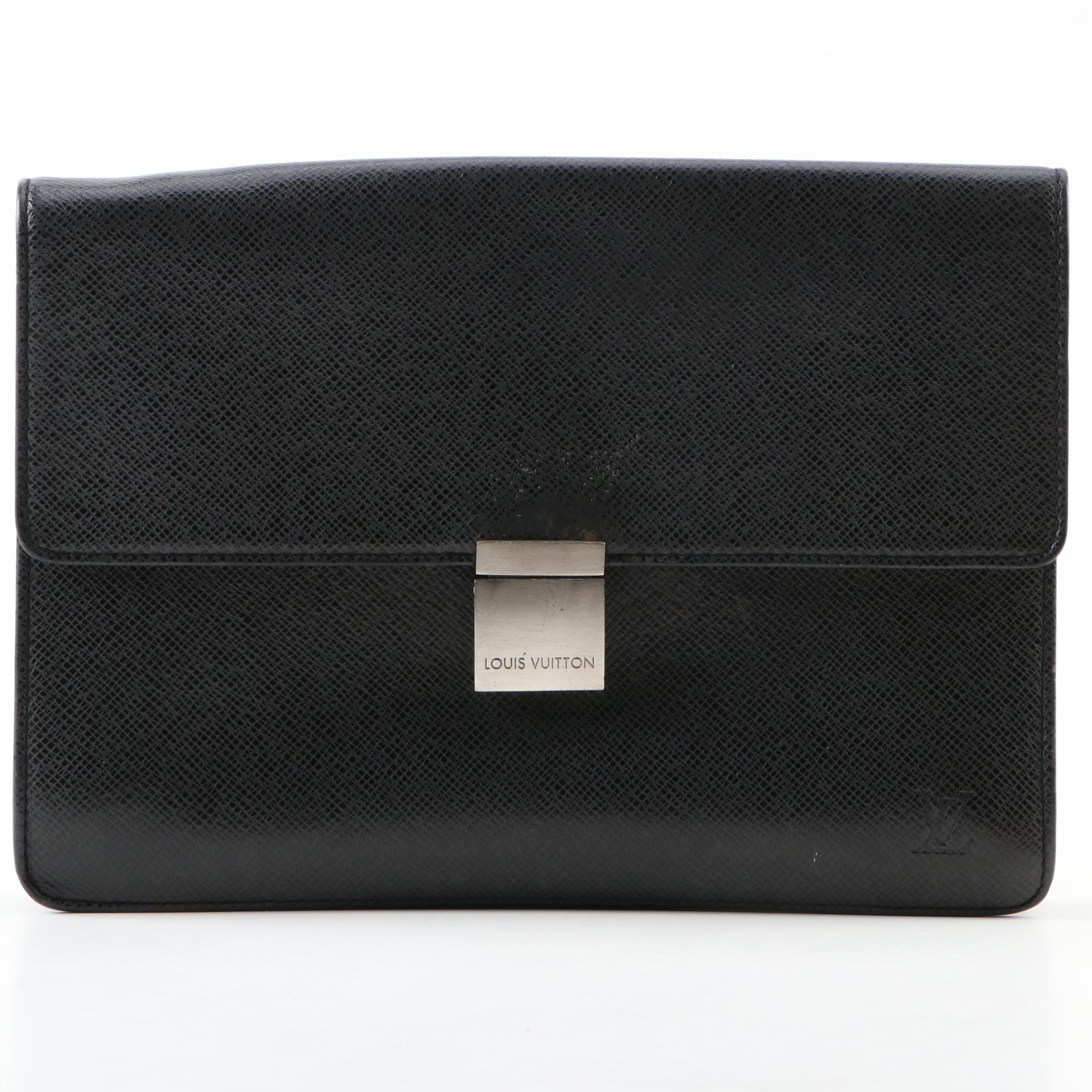 Louis Vuitton Pochette Selenga Clutch Wristlet in Black Taiga Leather
