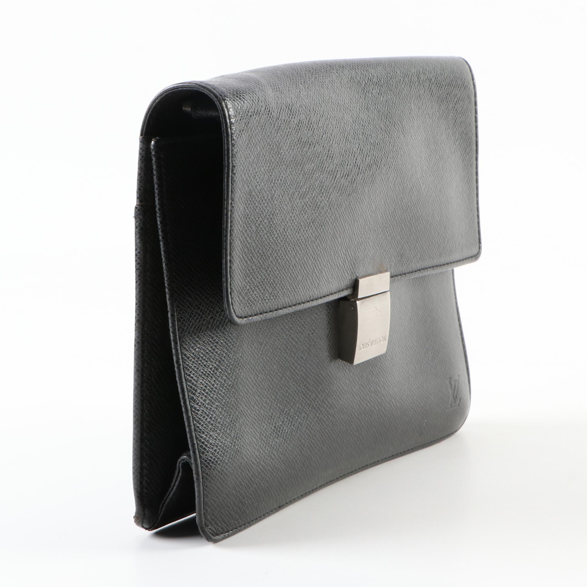 Louis Vuitton Pochette Selenga Clutch Wristlet in Black Taiga Leather