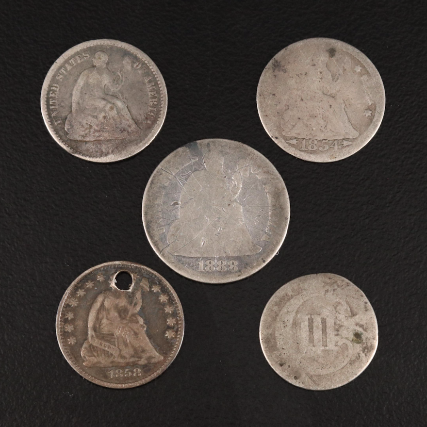 Five U.S. Silver Coins, Mid to Late 19th Century