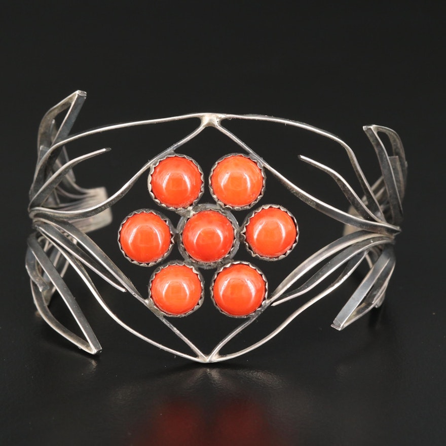 Sterling Silver Coral Openwork Foliate Cuff