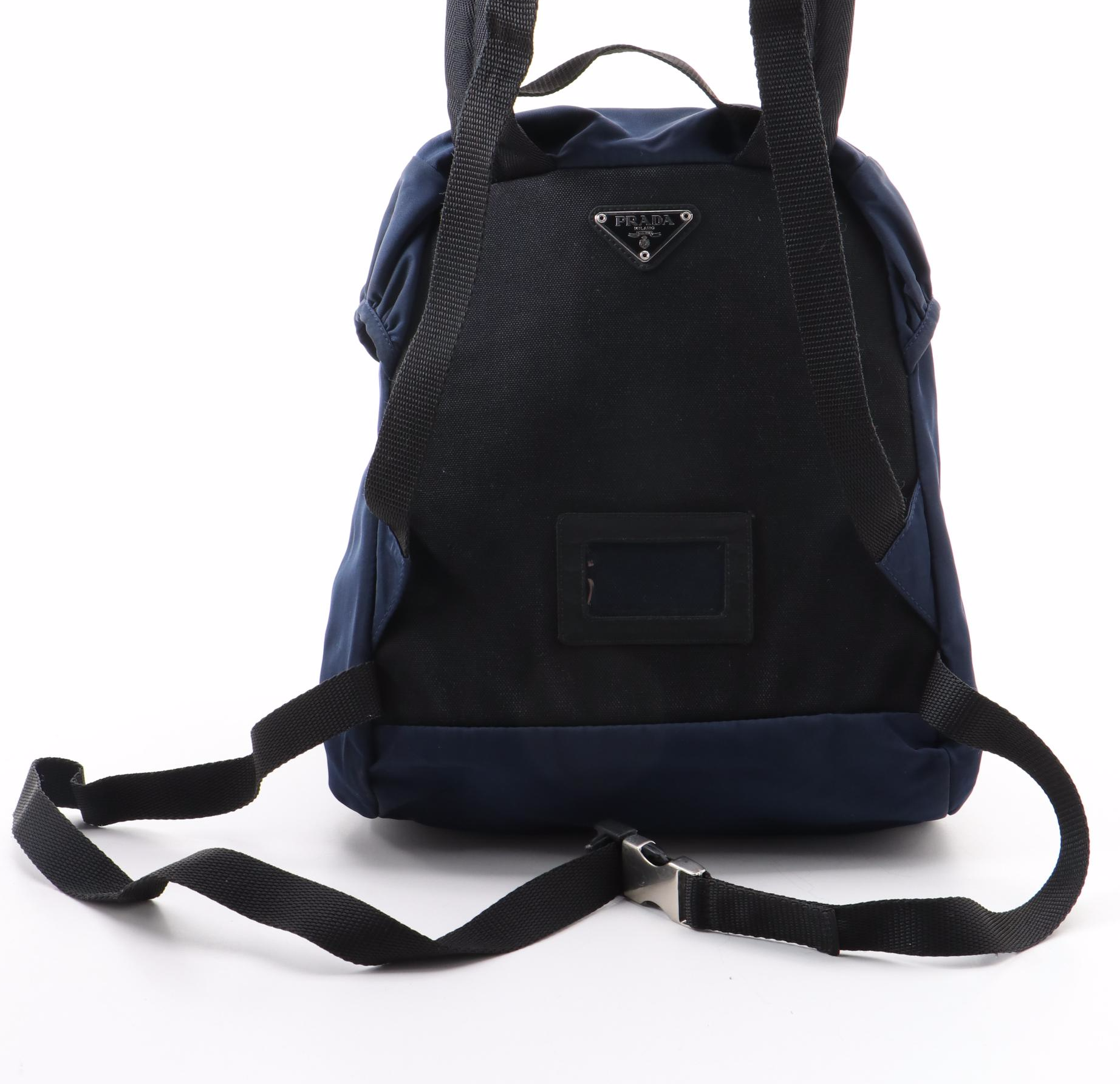 Prada Navy Blue Tessuto Drawstring Backpack Purse with Black Canvas Trim