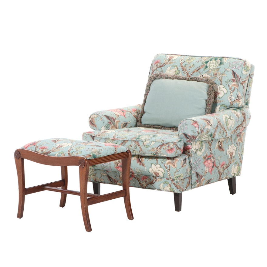 Floral Upholstered Armchair and Footstool, Late 20th Century