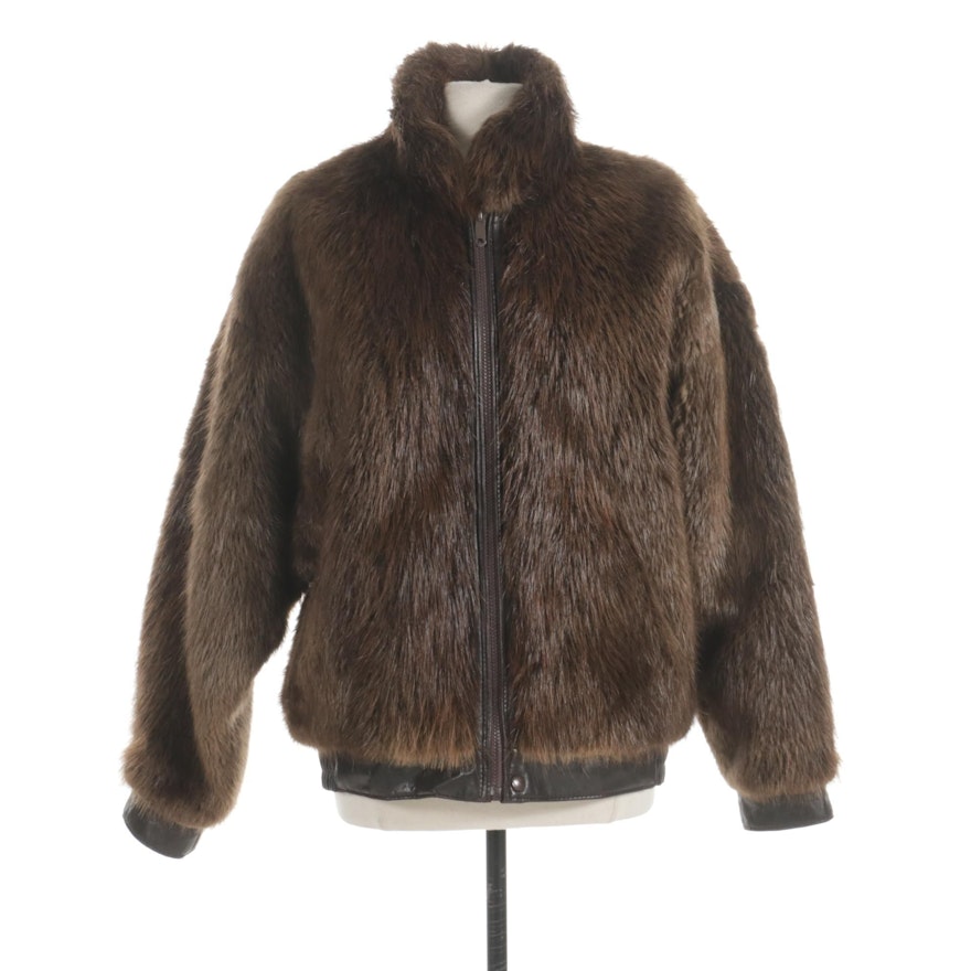 Beaver Fur and Leather Reversible Zippered Dolman Sleeve Jacket