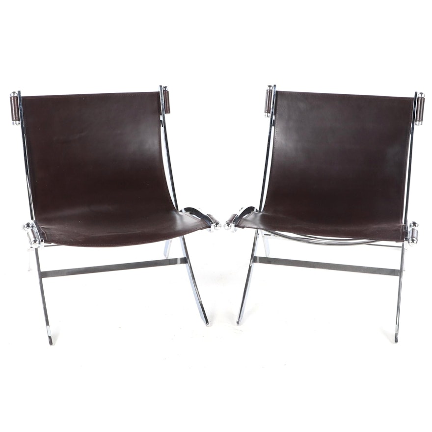 Pair of Modernist Style Chrome Metal and Faux Leather Scissor Sling Chairs