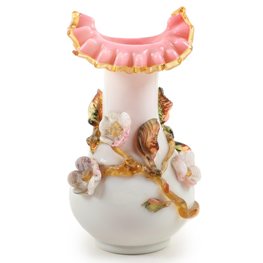 Victorian Style Ruffled Rim Glass Vase with Applied Floral Rigaree