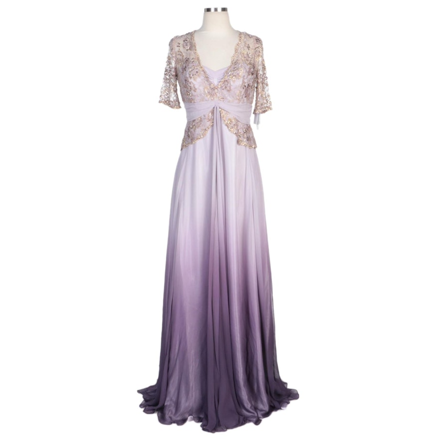 Alberto Makali Lavender Ombré Silk Blend Gown with Metallic Lace Beaded Overlay