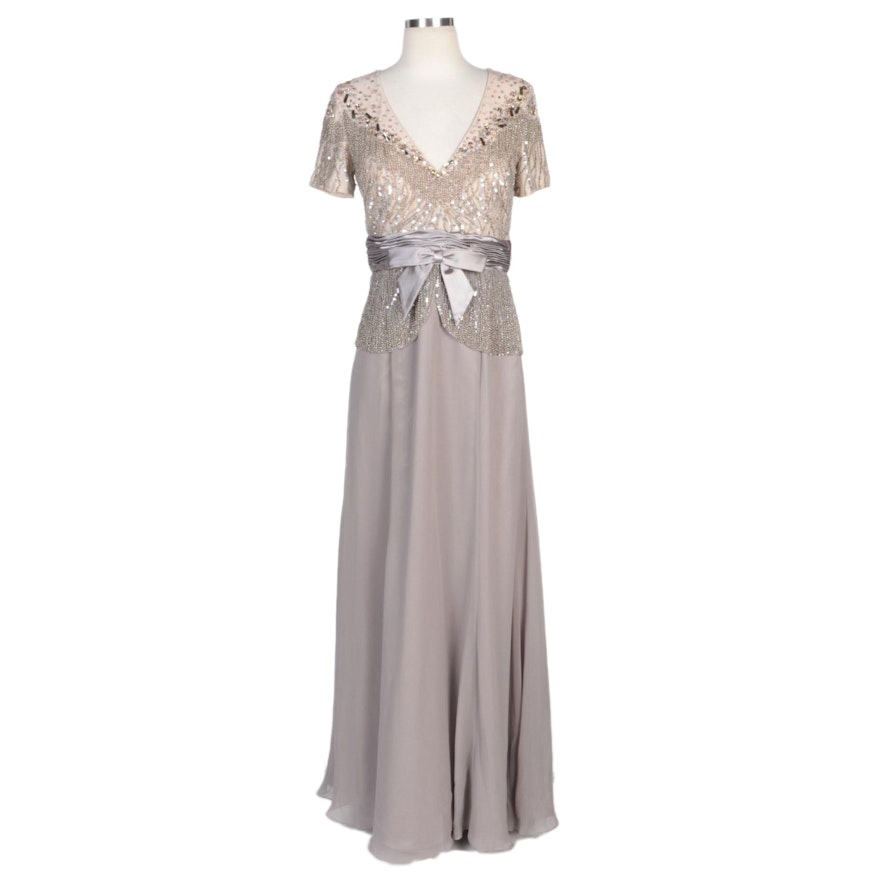 Alberto Makali Taupe V-Neck Gown with Beaded Bodice Overlay