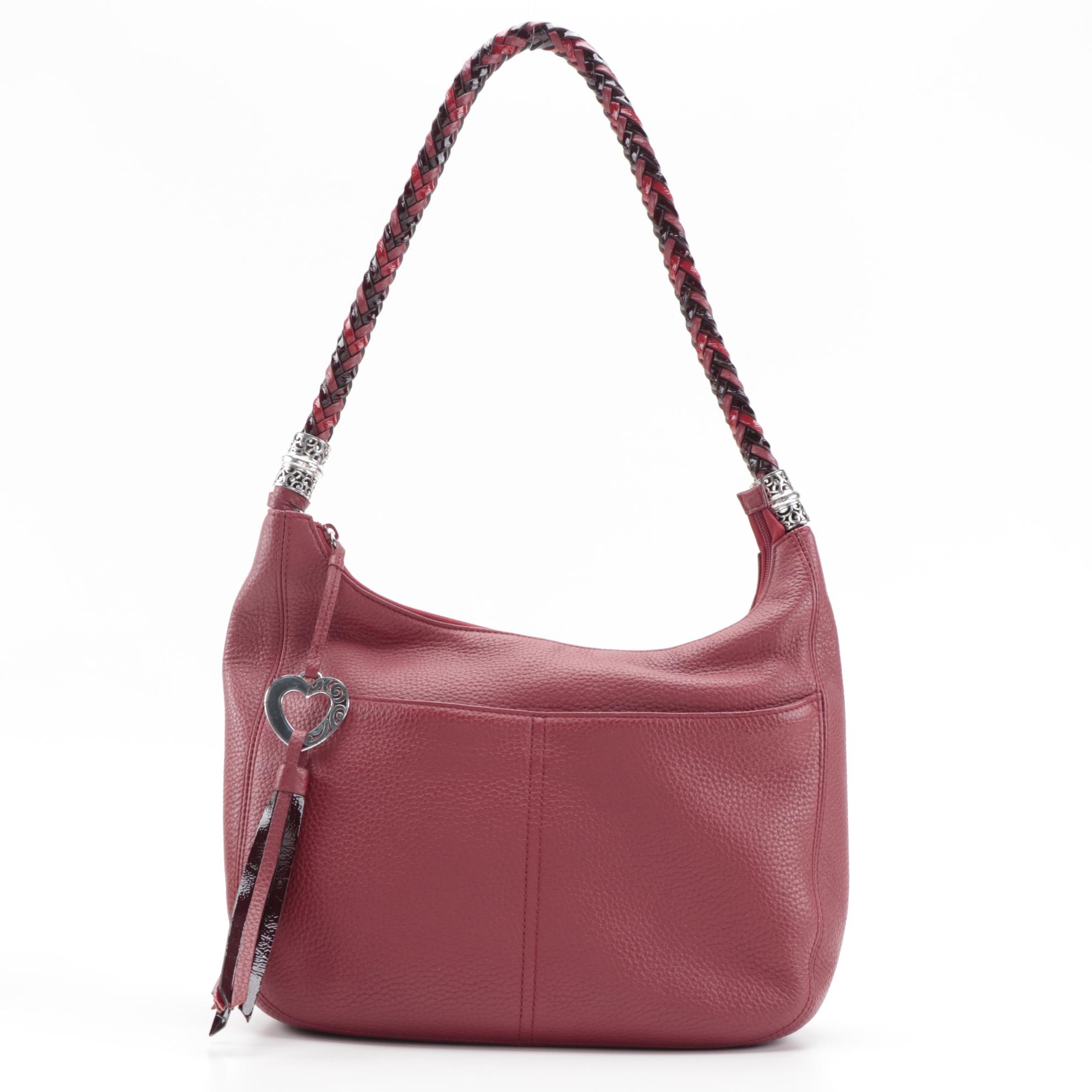 Brighton Barbados Ziptop Hobo Bag in Red Grained Leather with Braided Handle