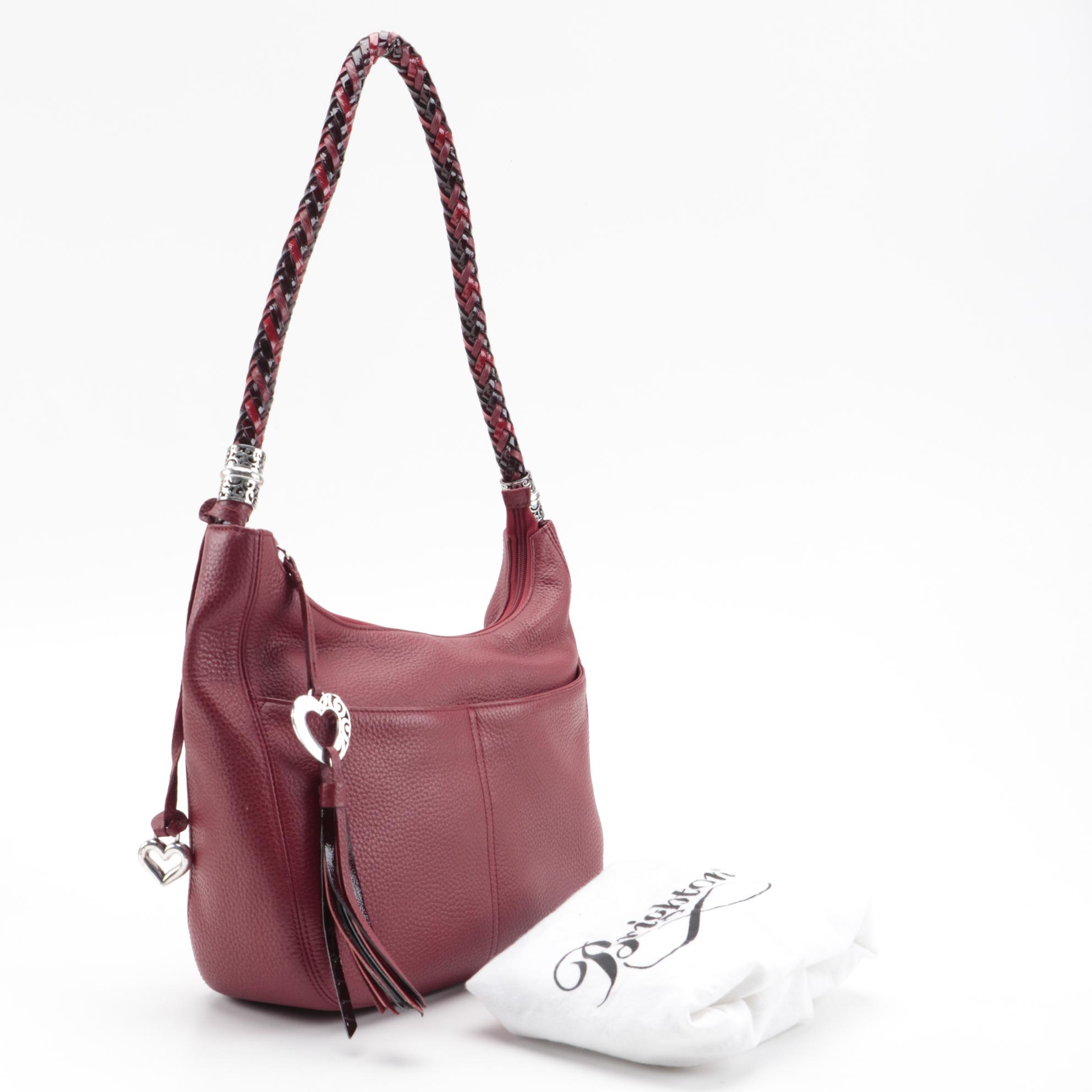 Brighton Barbados Ziptop Hobo Bag in Red Grained Leather with Braided Handle