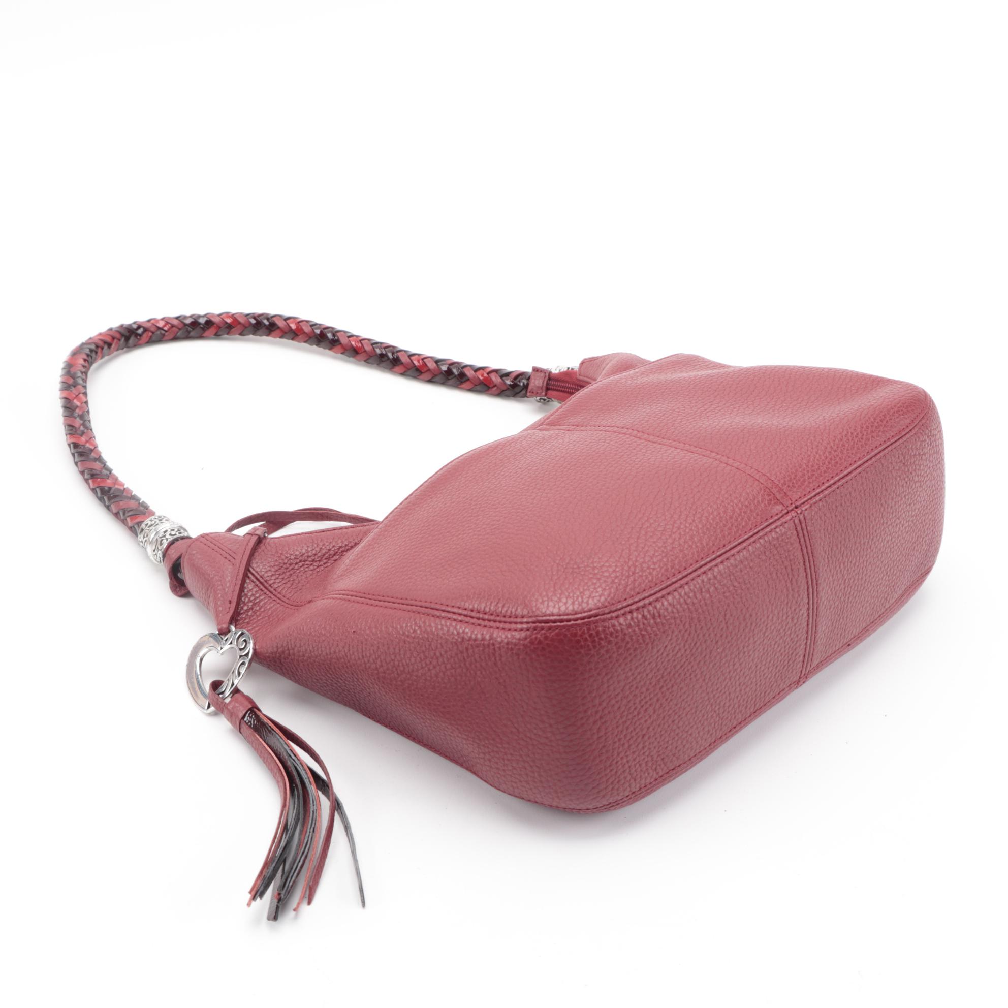 Brighton Barbados Ziptop Hobo Bag in Red Grained Leather with Braided Handle