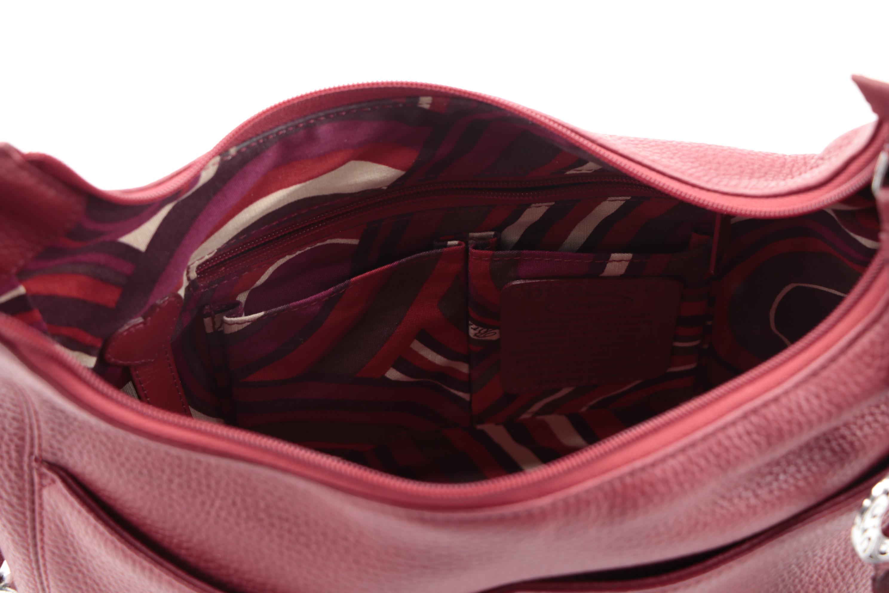 Brighton Barbados Ziptop Hobo Bag in Red Grained Leather with Braided Handle