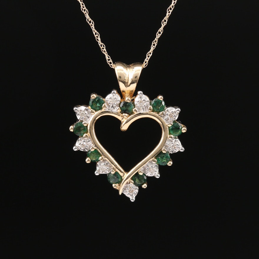 14K Emerald and Diamond Heart Pendant Necklace