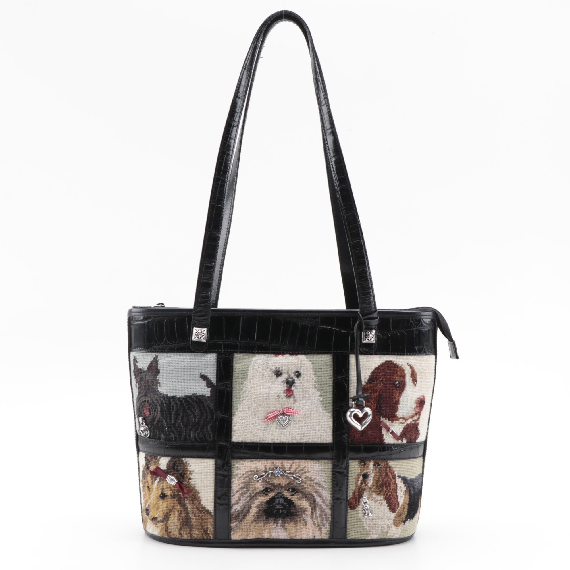 Brighton "Doggy Diva" Needlepoint and Croc-Embossed Leather Shoulder Bag