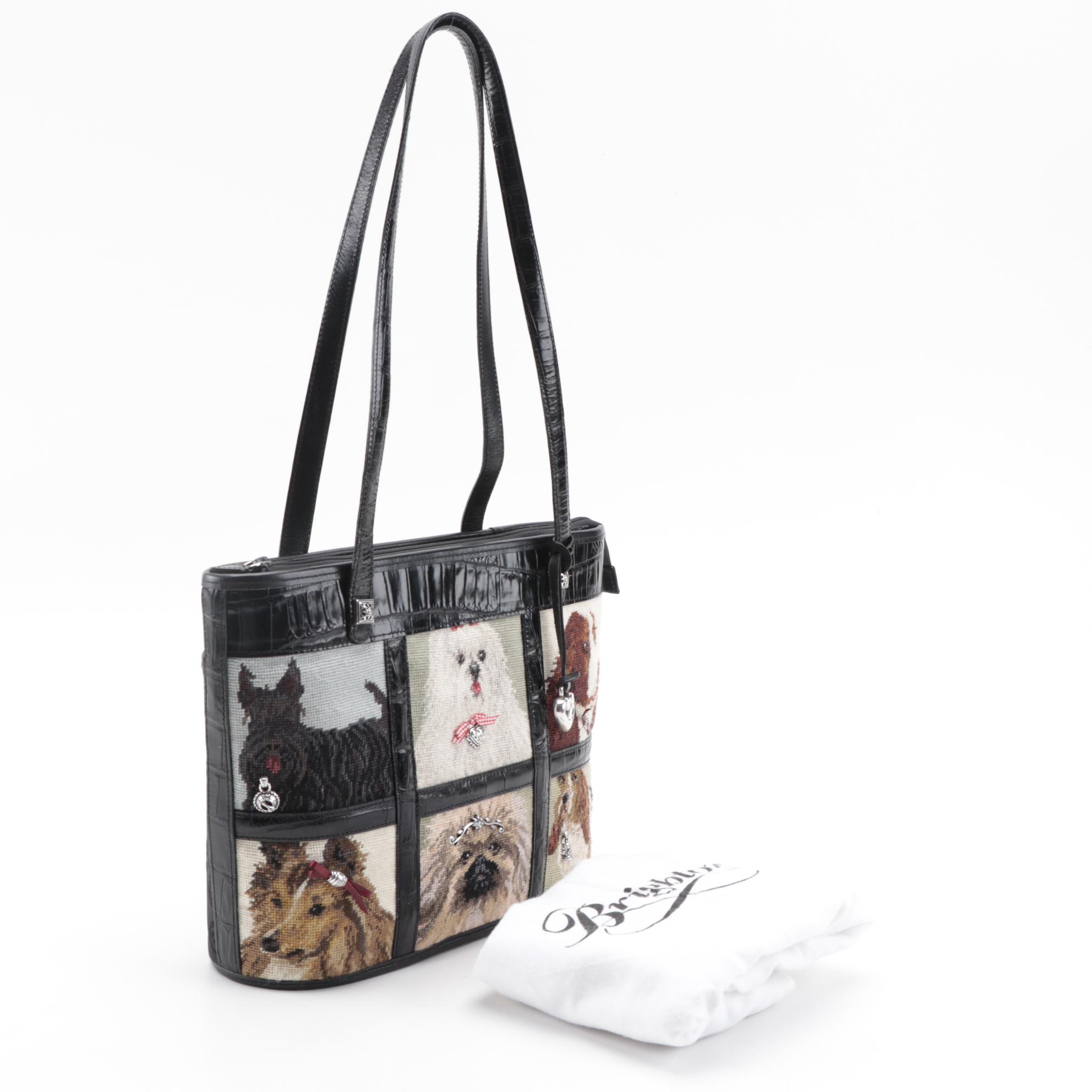 Brighton "Doggy Diva" Needlepoint and Croc-Embossed Leather Shoulder Bag