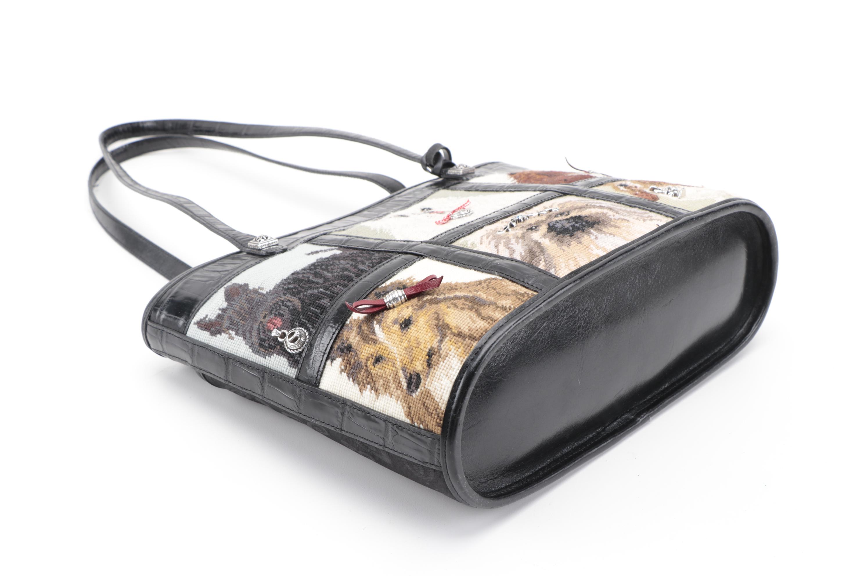 Brighton "Doggy Diva" Needlepoint and Croc-Embossed Leather Shoulder Bag