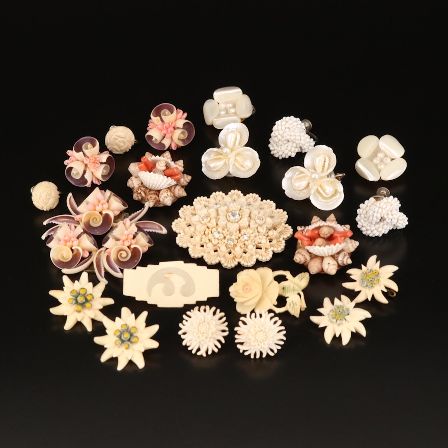 Circa 1930 Coral, Bone and Shell Brooches, Pins and Non-Pierced Earrings