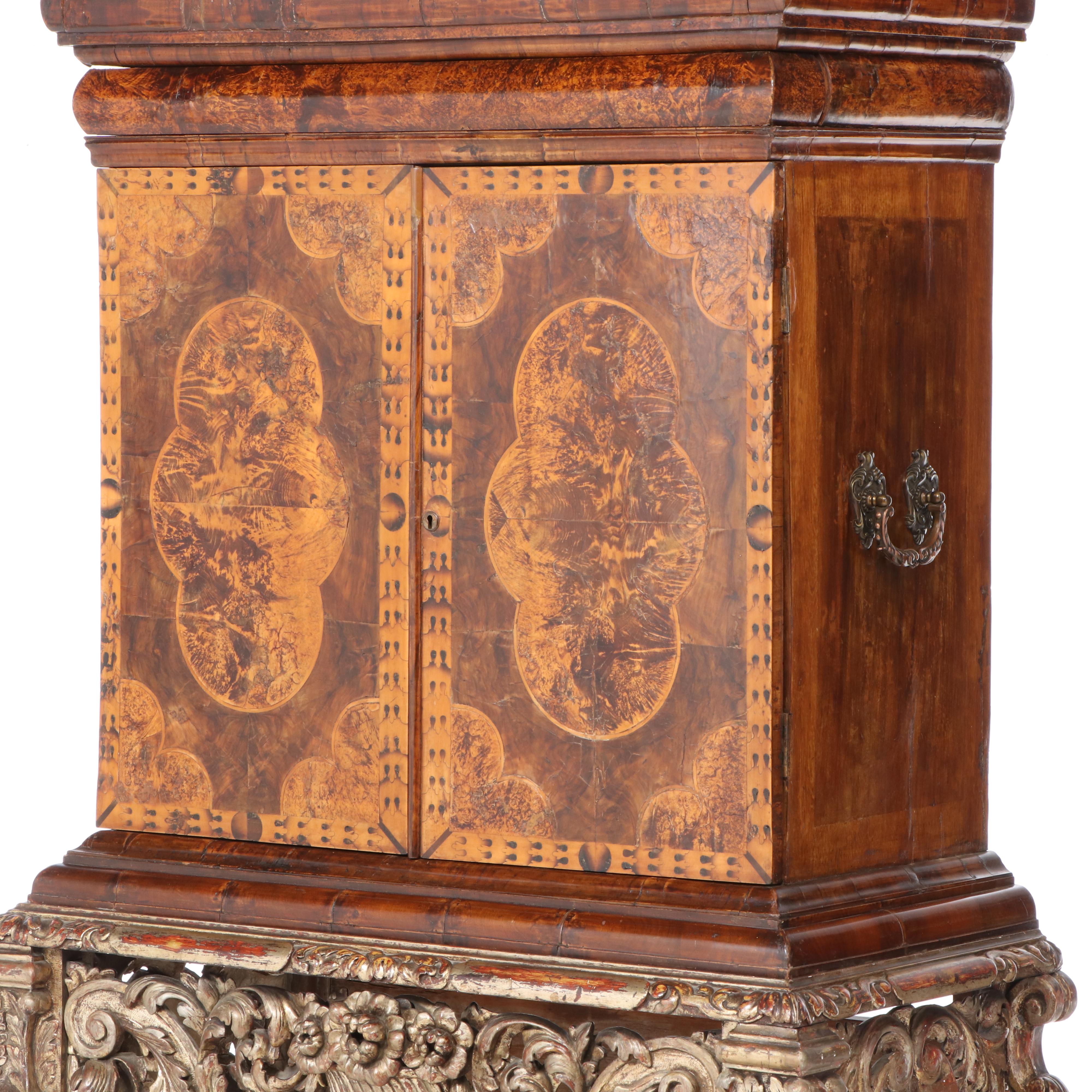Charles II Walnut, Mulberry, and Marquetry Cabinet on Later Giltwood Stand