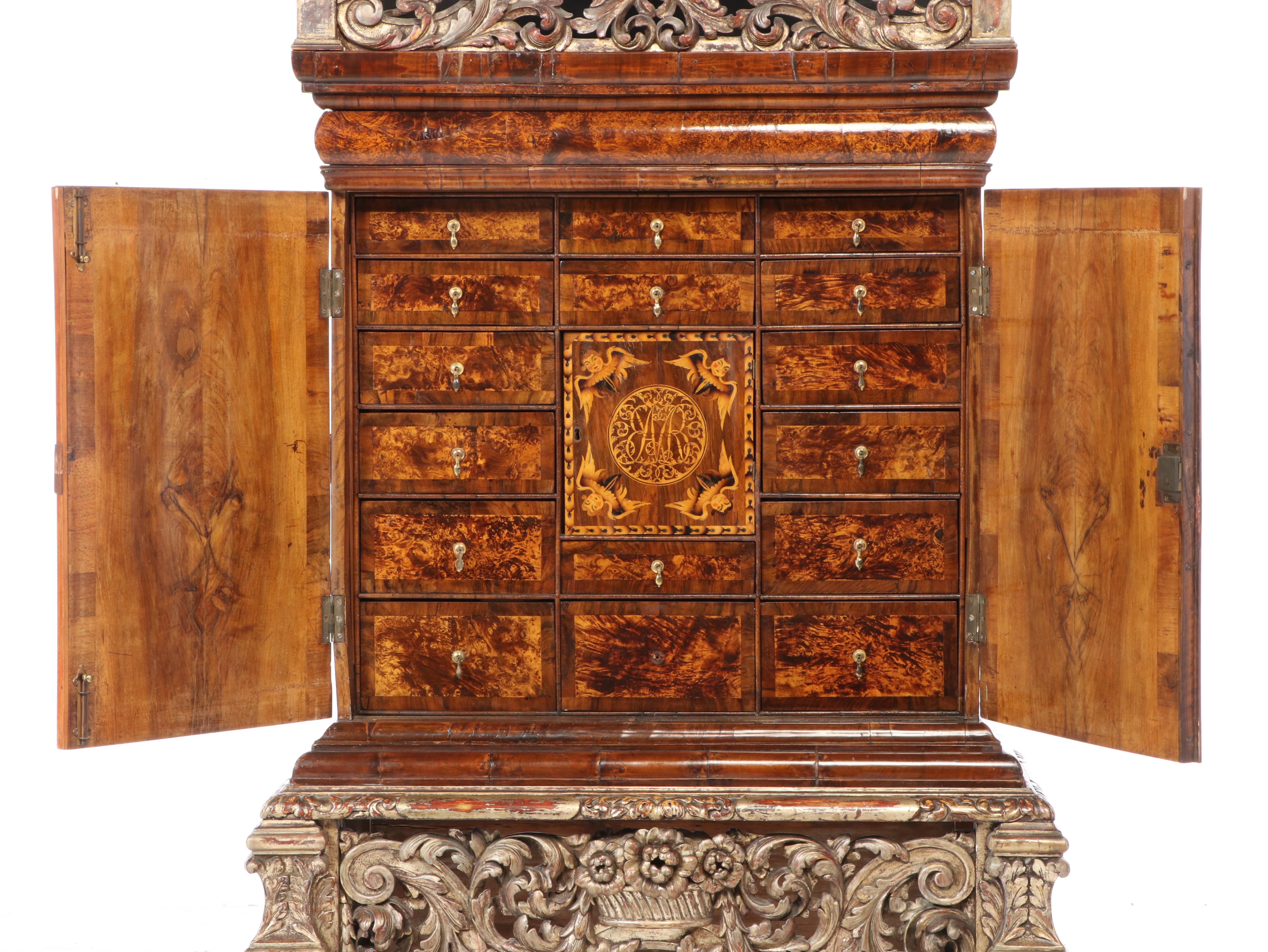 Charles II Walnut, Mulberry, and Marquetry Cabinet on Later Giltwood Stand