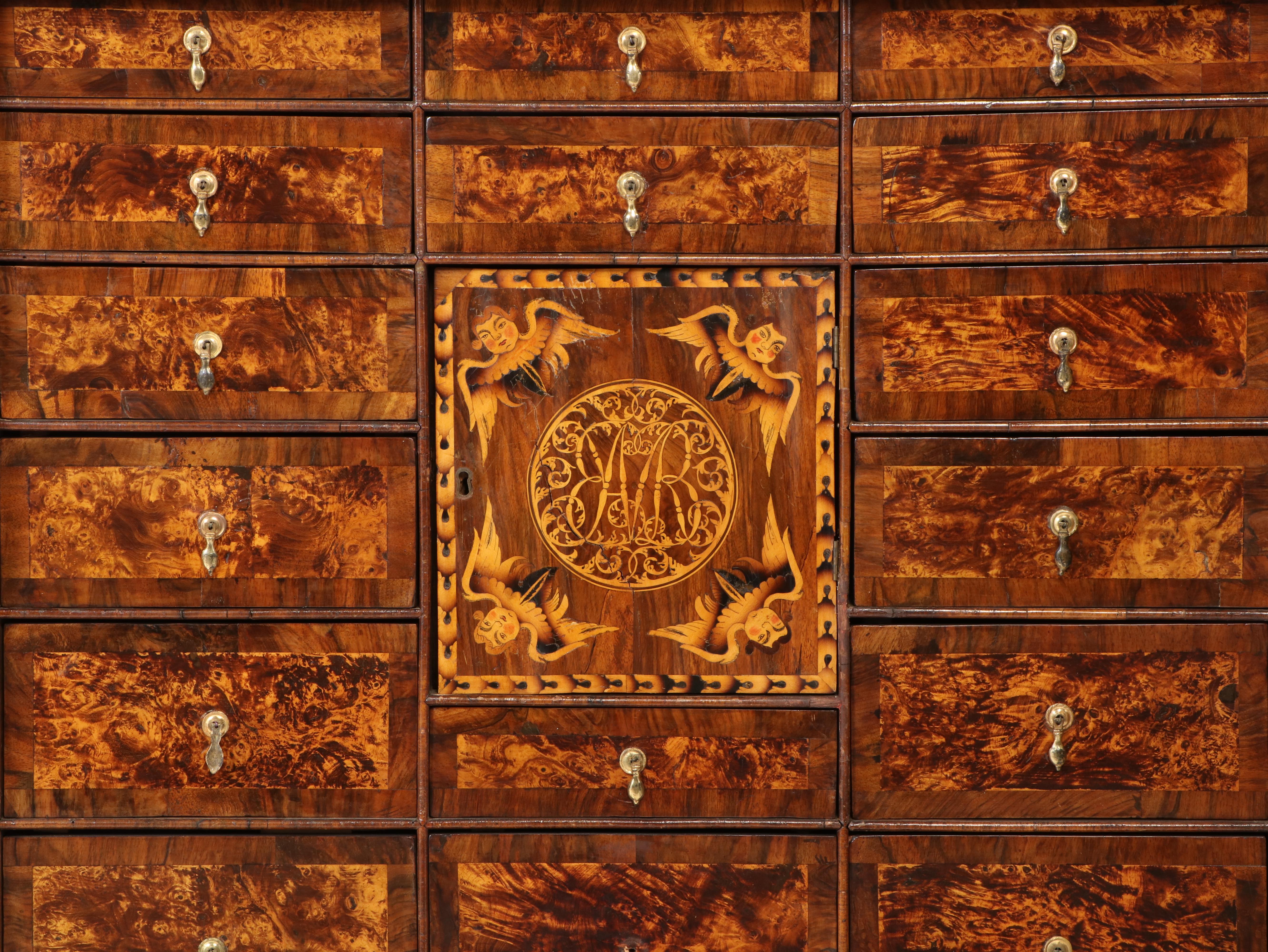Charles II Walnut, Mulberry, and Marquetry Cabinet on Later Giltwood Stand