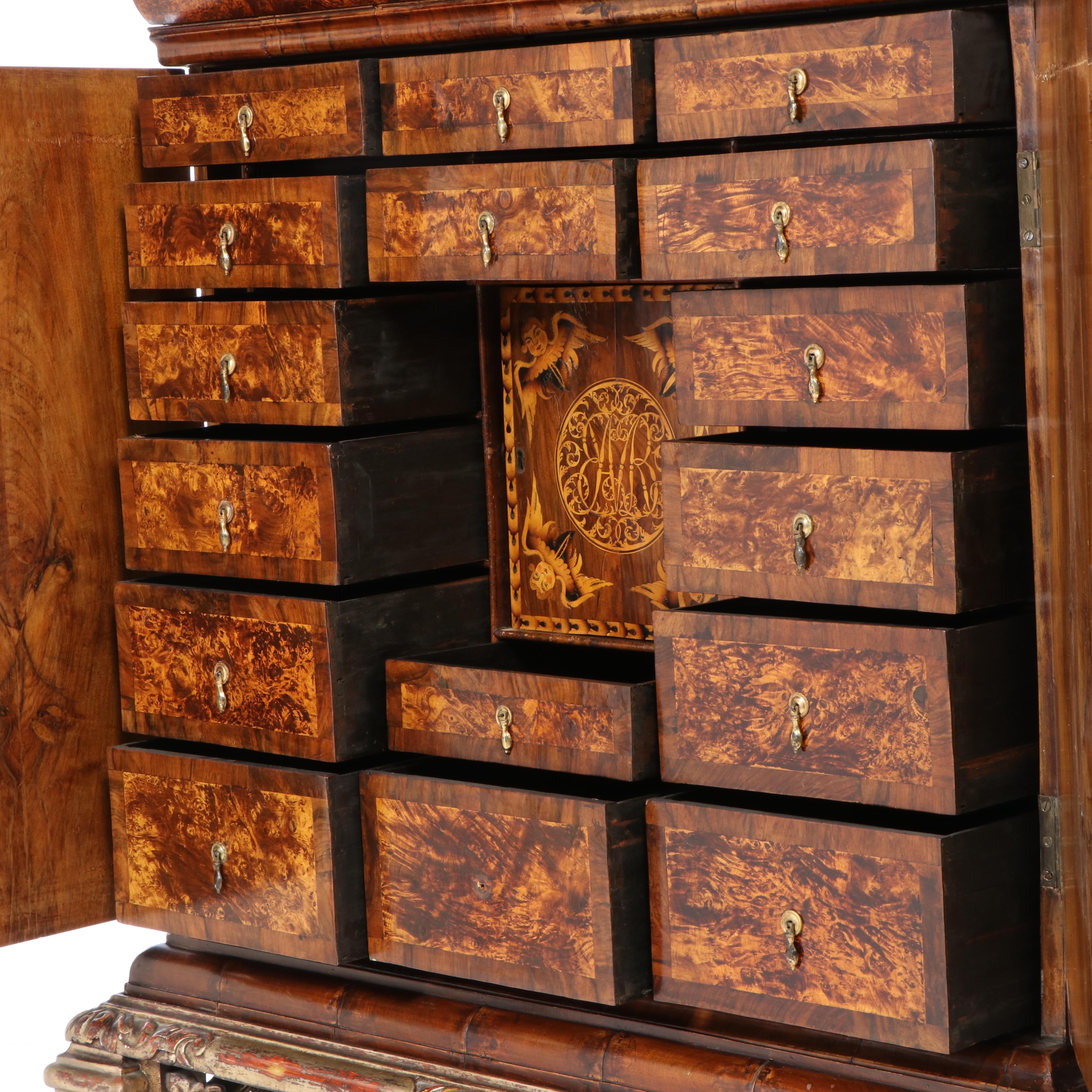 Charles II Walnut, Mulberry, and Marquetry Cabinet on Later Giltwood Stand