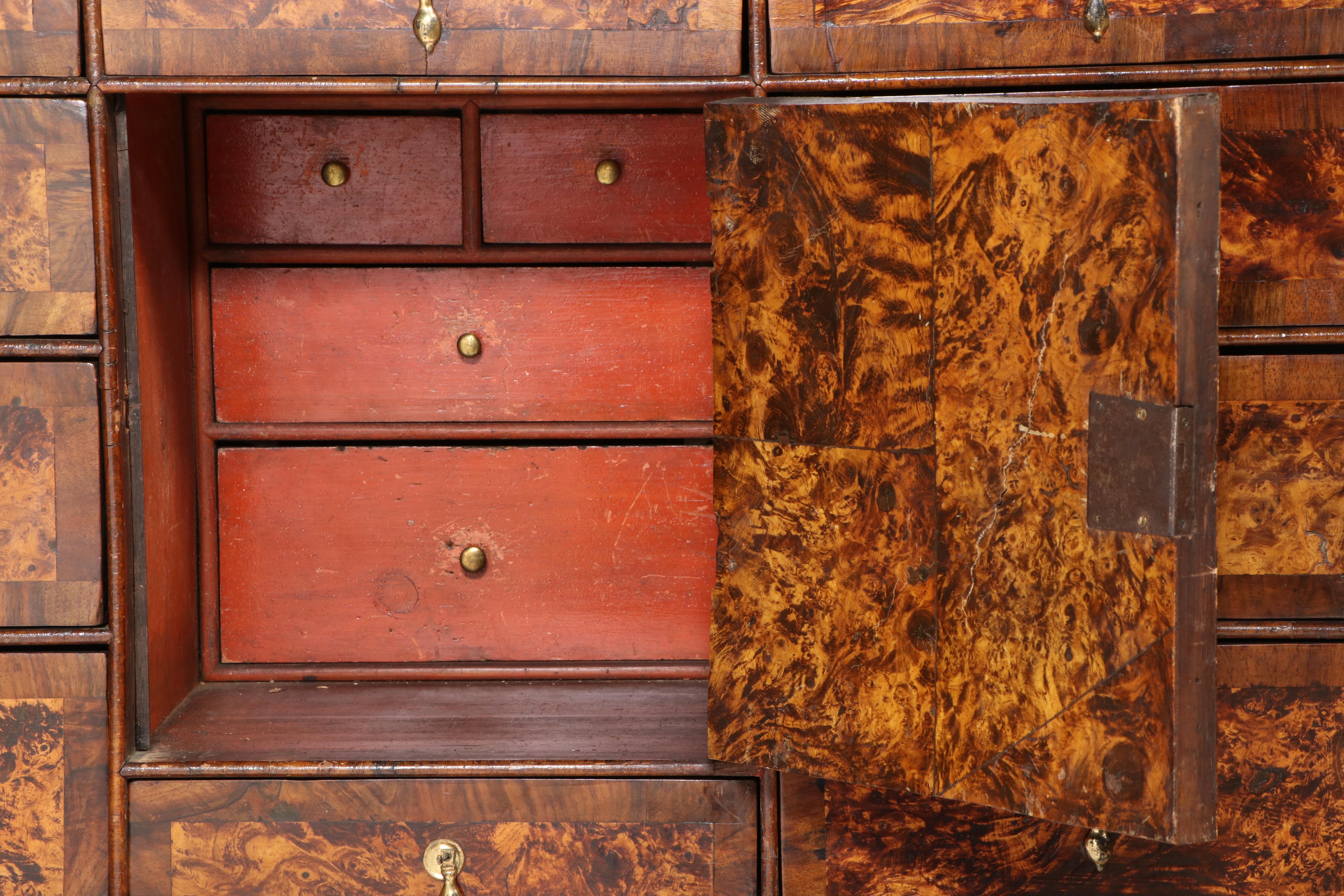 Charles II Walnut, Mulberry, and Marquetry Cabinet on Later Giltwood Stand
