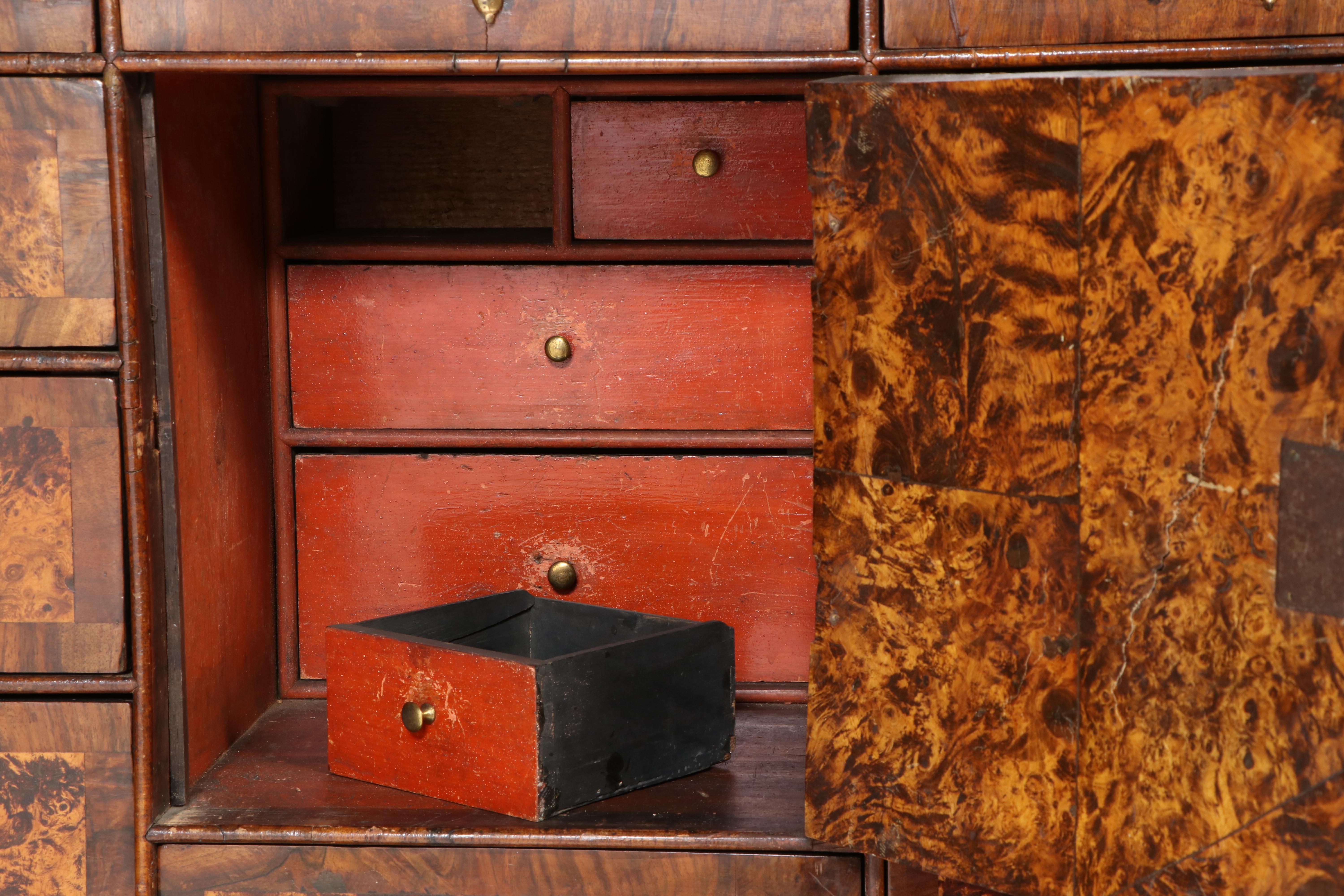 Charles II Walnut, Mulberry, and Marquetry Cabinet on Later Giltwood Stand