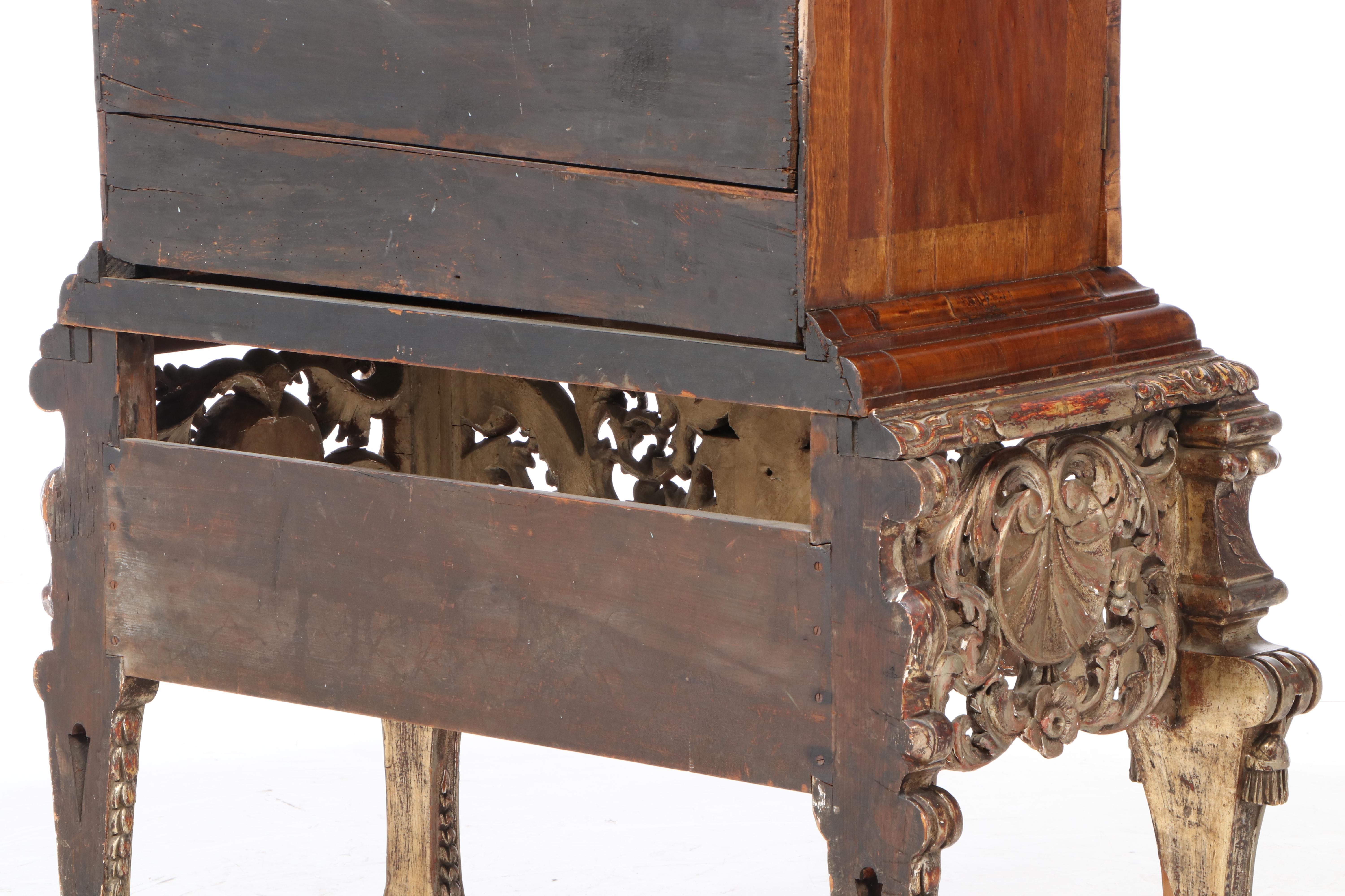 Charles II Walnut, Mulberry, and Marquetry Cabinet on Later Giltwood Stand