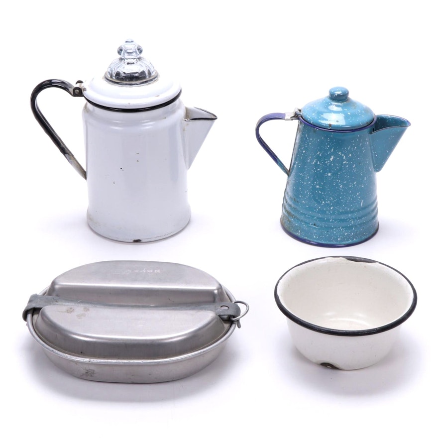 Enamel Coffee Pitchers, Percolators and Other Dishes, Mid-20th Century