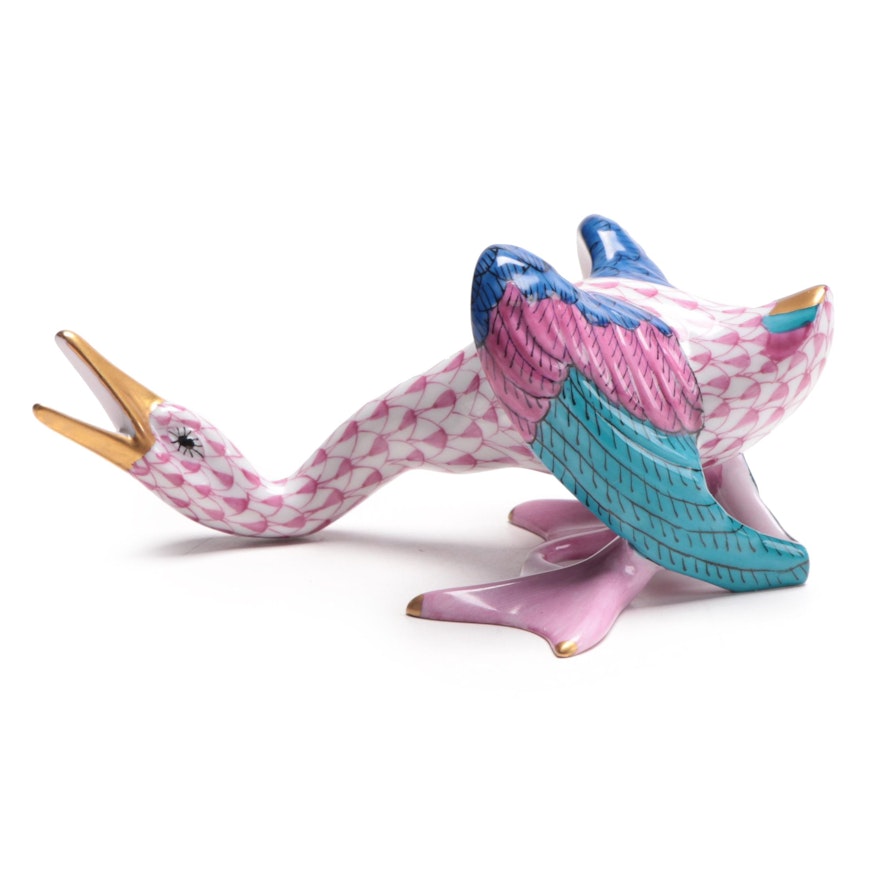 Herend Raspberry Fishnet "Wild Duck" Porcelain Figurine, 1993