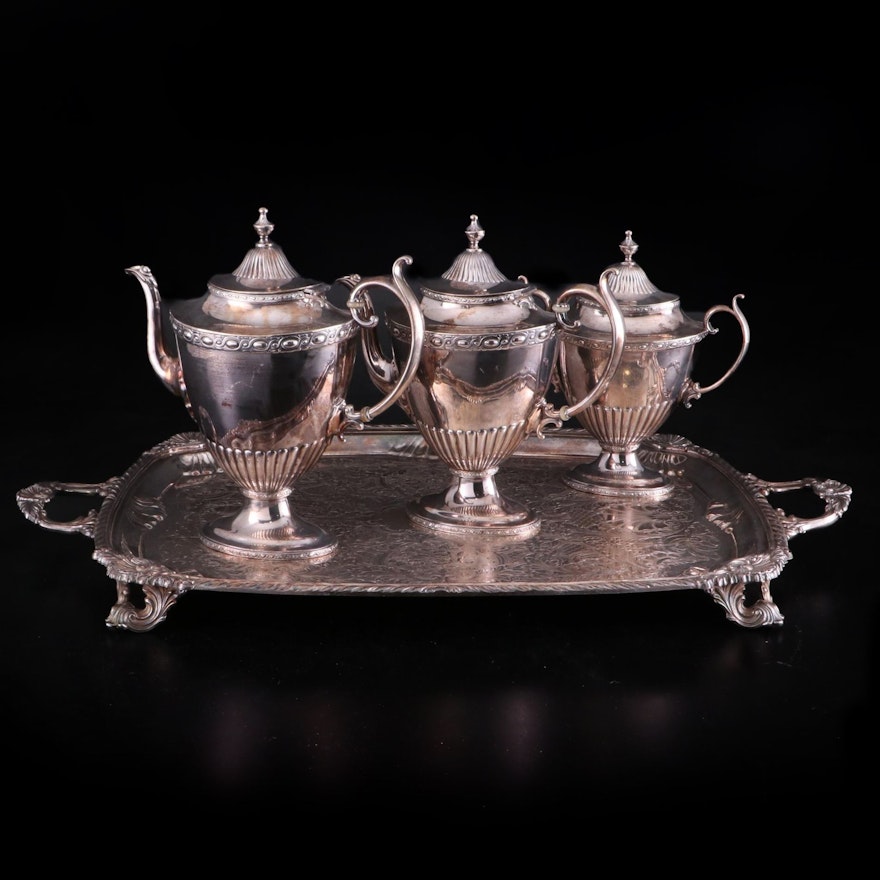 Reed and Barton Silver Plate Partial Coffee Set with Rogers Footed Tray