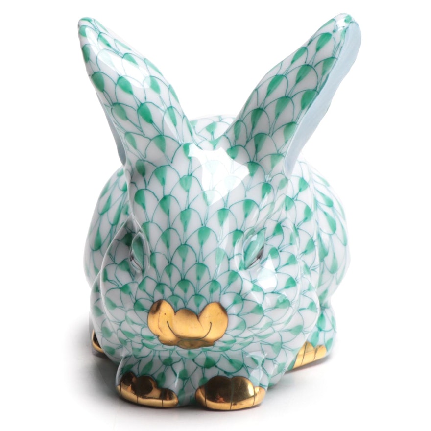 Herend Green Fishnet with Gold "Sleeping Bunny" Porcelain Figurine, 1998