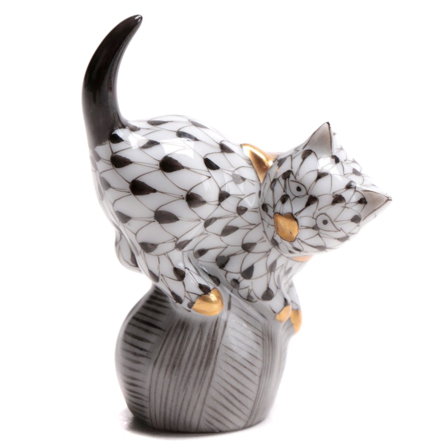 Herend Black Fishnet "Mischievous Cat" Porcelain Figurine, 2000