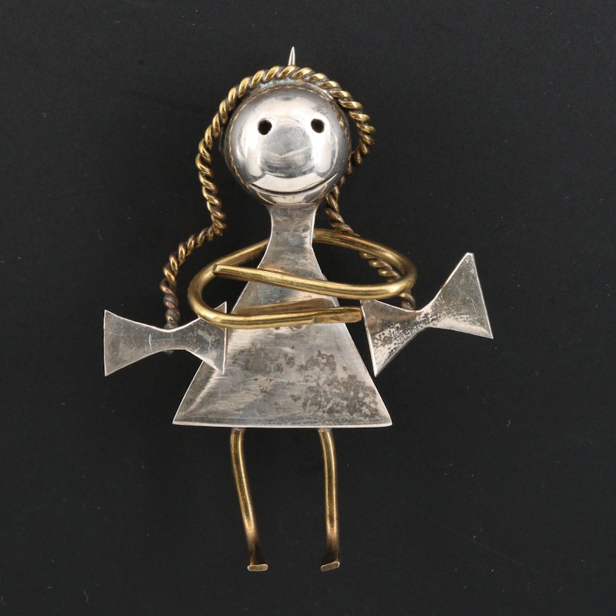 Signed Mexican Sterling Silver Girl with Pigtails Brooch